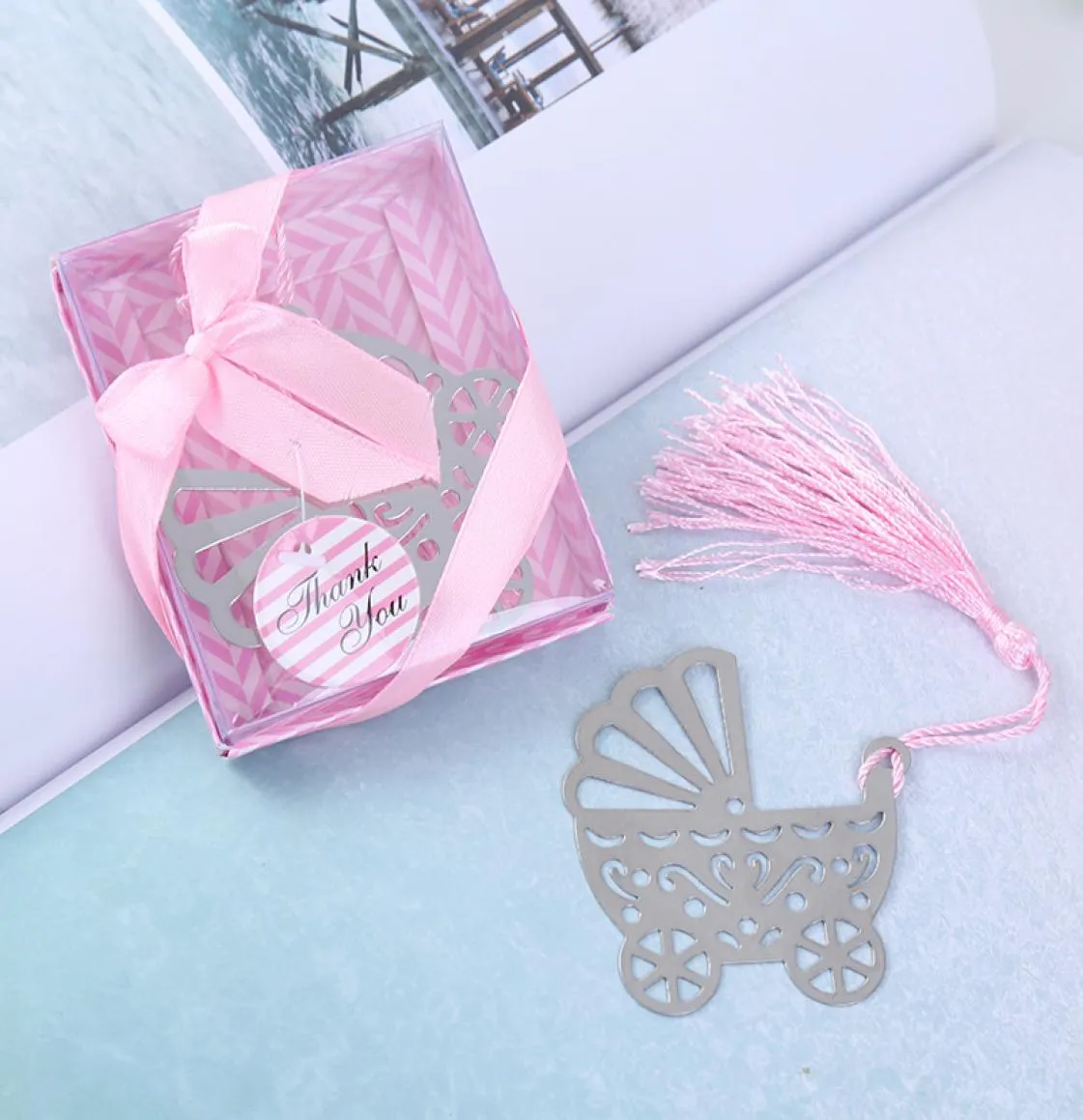 Marque-page en métal pour poussette de bébé, avec pompon, cadeau d'anniversaire, cadeaux de fête de mariage, réception-cadeau pour bébé, bleu rose 4941130