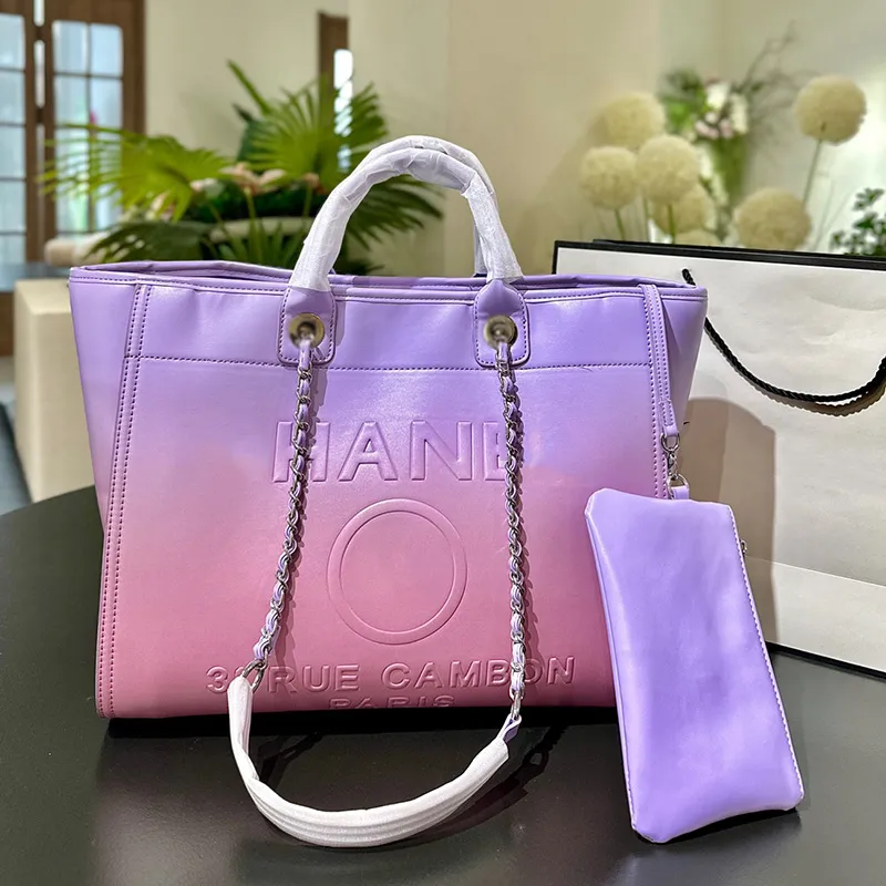 24C Iridescent Gradient Rainbow Beach Shopping Shoulder Bags Emboss Letter Deauville Clutch Chain Silver Metal Hardware Matelasse Cossbody Shoulder Handbag 34CM