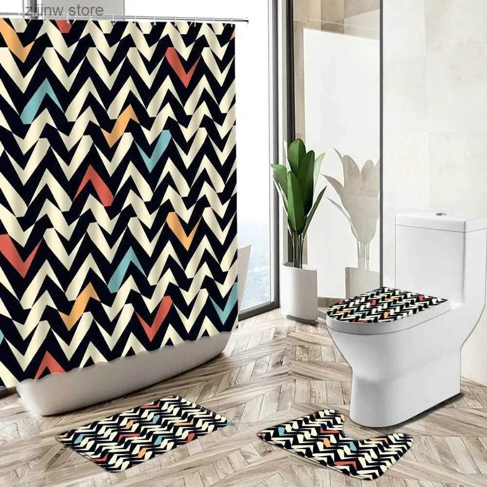 Zasłony prysznicowe nowoczesne proste geometryczne zasłony prysznicowe kolorowe sztuka europejski styl europejski nie poślizgowy dywan toaleta Zestaw podłogowy