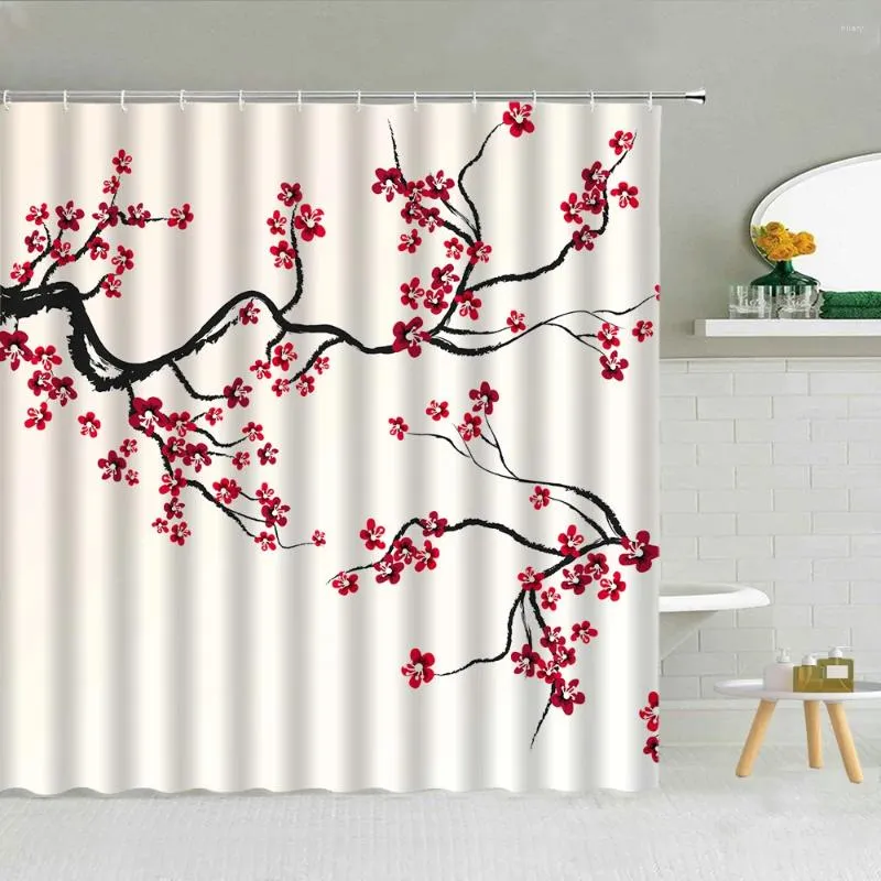 Rideaux de douche Rideau de fleur de prunier rouge Feuille de bambou Peinture à l'encre chinoise Décor de salle de bain Paysage floral d'hiver Ensemble imperméable