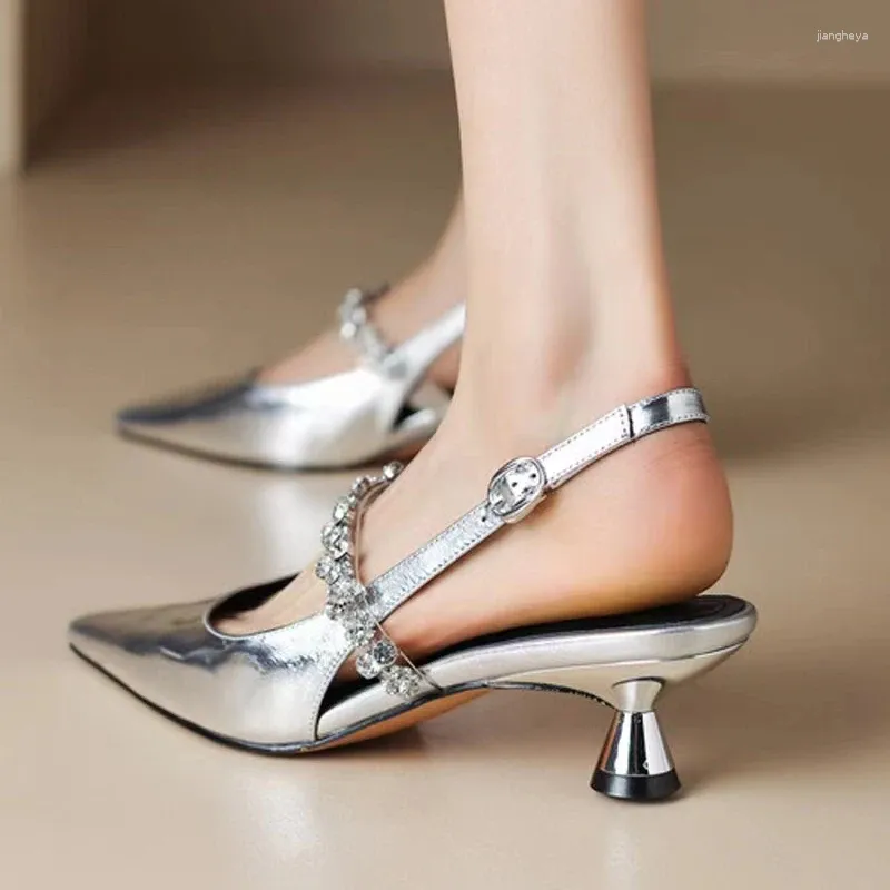 Casual Shoes Gold Silver Low Heels Sandals Women 2024 Summer Shiny Crystal Straps Pointed Toe Woman Slingbacks Pumps Ladies