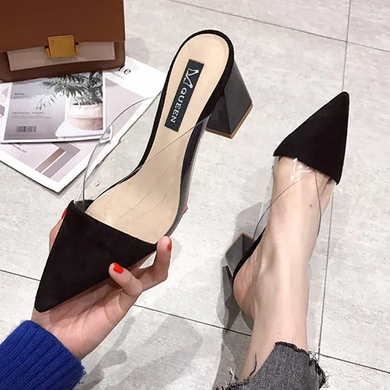 Laarzen suède pumps zomerschoenen vrouwen mode puntige hoge hakken nieuwe muller square hiel slippers vrouwen slipon ondiepe dames schoenen