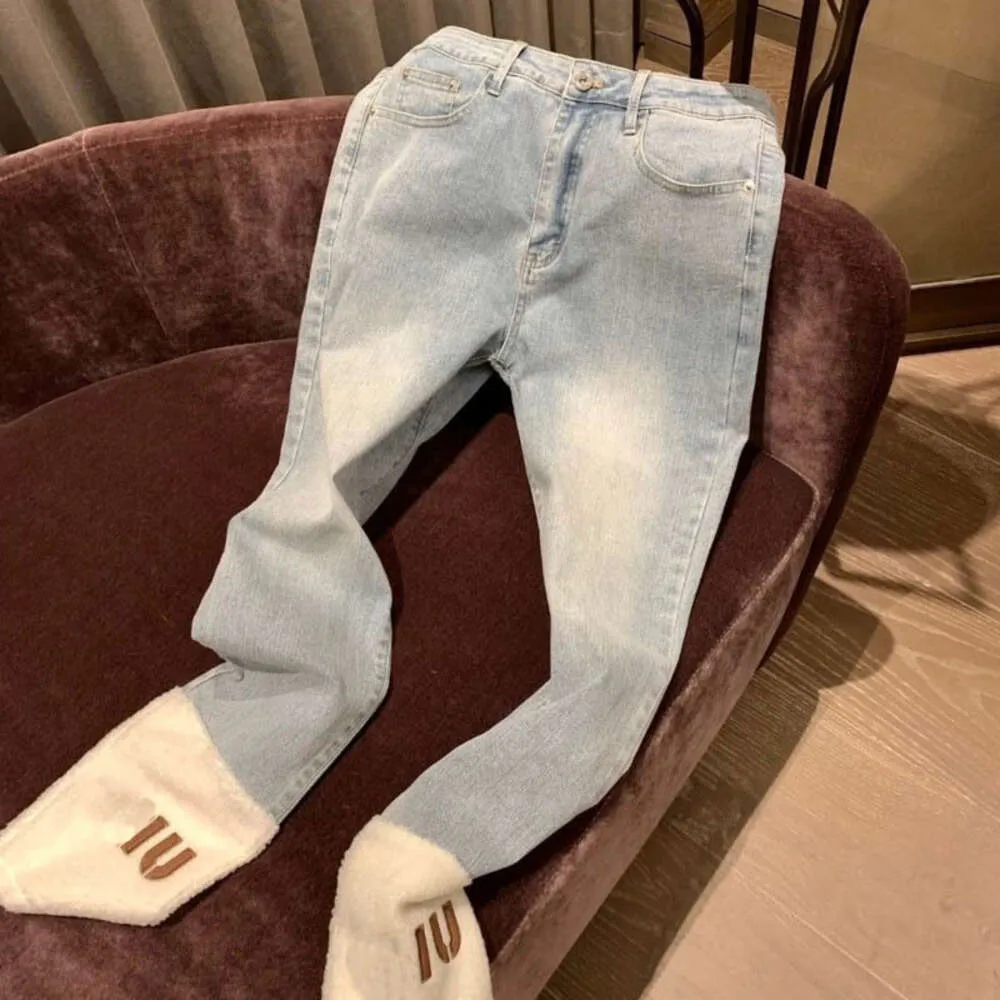 2024ss Designer broek Luxe dames jeans lente zomer mode geborduurde letters lammeren lammeren wol patchwork denim broek rechte poot jeans Aziatische standaard