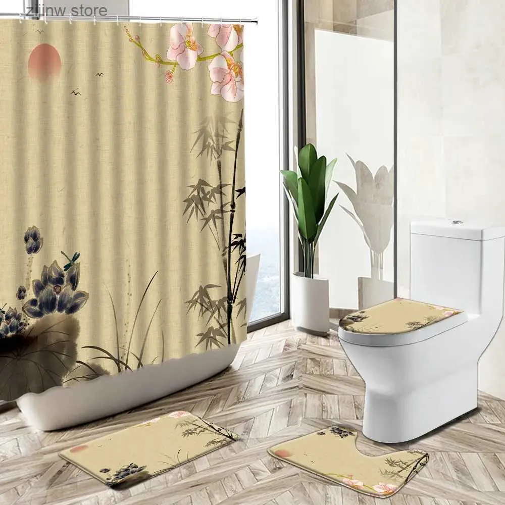 Shower Curtains Chinese Shower Curtain Sets Lotus Flower Plant Bamboo Bird Ink Art Home Bathroom Decor Non-Slip Carpet Toilet Cover Floor Mat Y240316