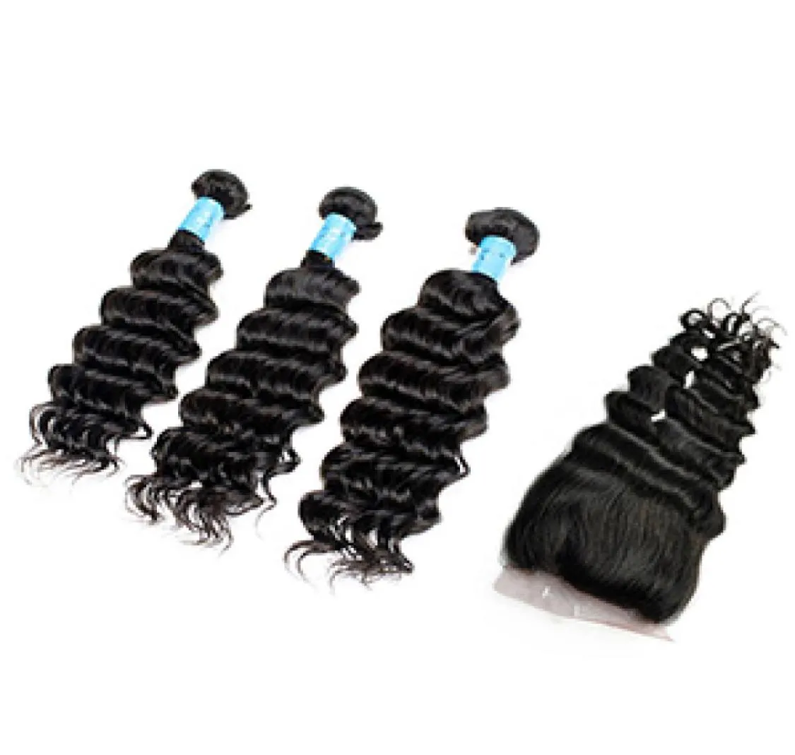 Paquets de cheveux humains vierges brésiliens de vague profonde avec fermeture 44 couleur naturelle 1B cheveux indiens péruviens malaisiens de haute qualité6217019