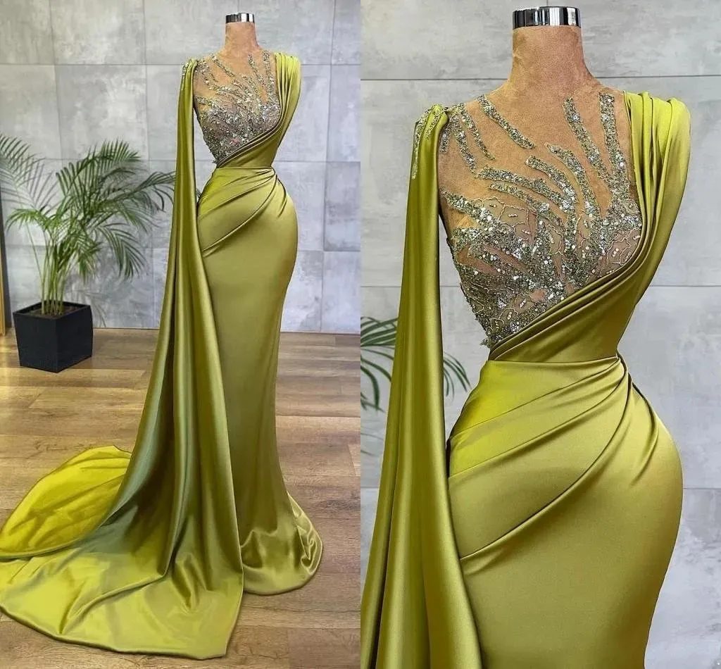 Arabic Lemon Green Satin Mermaid Evening Prom Dresses Sheer Mesh Top Sequin Beads Ruched Formal Occasion Wear Gold Hunter Sheer Neck Sweep Train Robe de BC9574