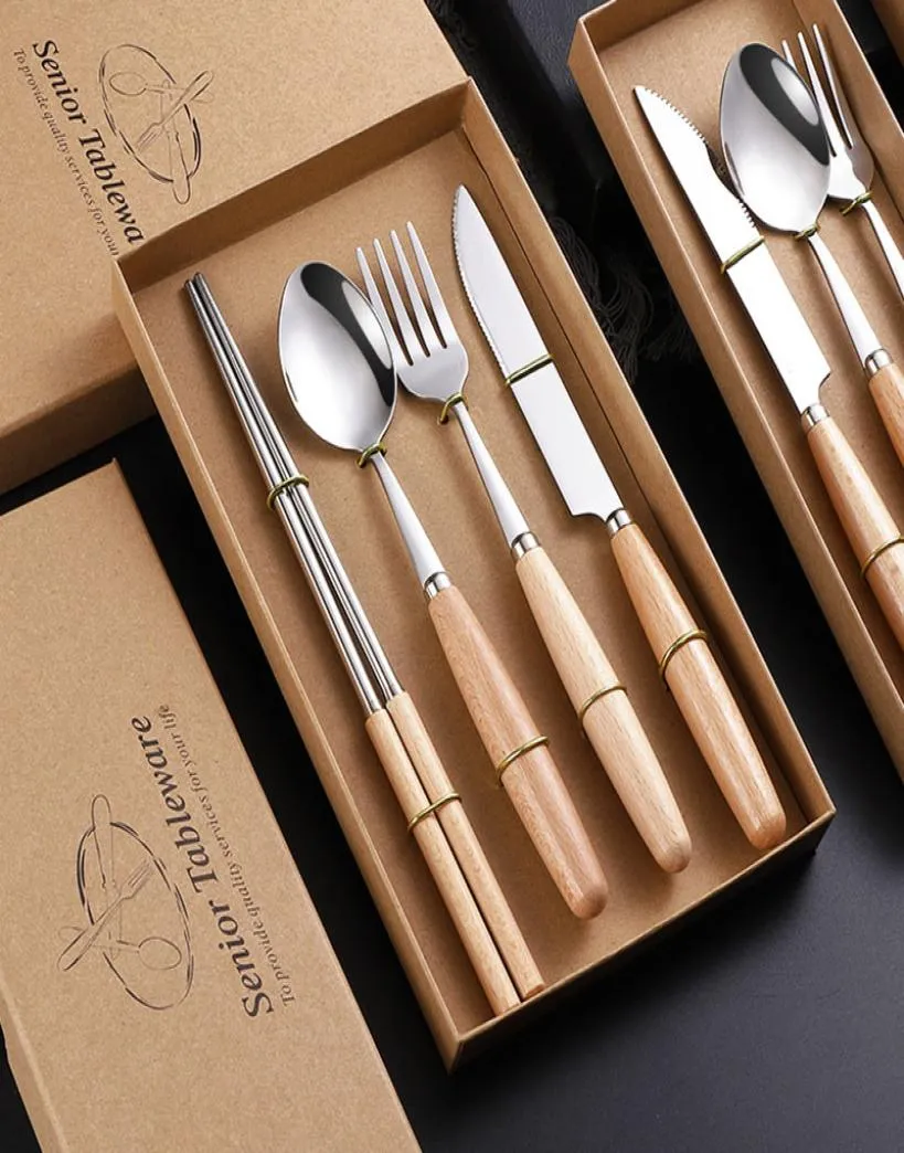 234Pcs Wooden Handle Cutlery Portable Set Stainless Steel Dinnerware Set Silverware Tableware Spoon Fork Knife Chopsticks Set5947340