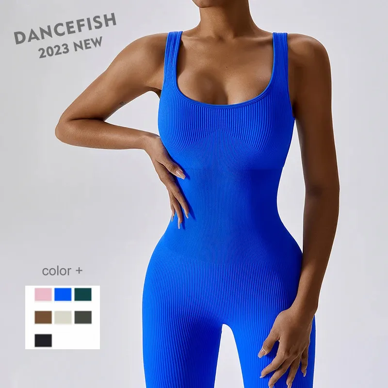 DANCEFISH Set sportivo da donna Senza cuciture a coste in maglia Vita sottile Palestra Glamour Dancewear Fitness Activewear Tute da yoga aeree 240307