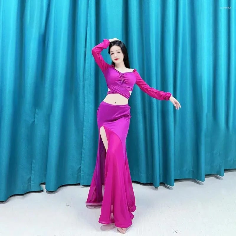 Stage Wear 2024 Advanced Beauty Stripe Rose Rouge Grande jupe pivotante pour la pratique de la danse du ventre Vêtements débutants en taille
