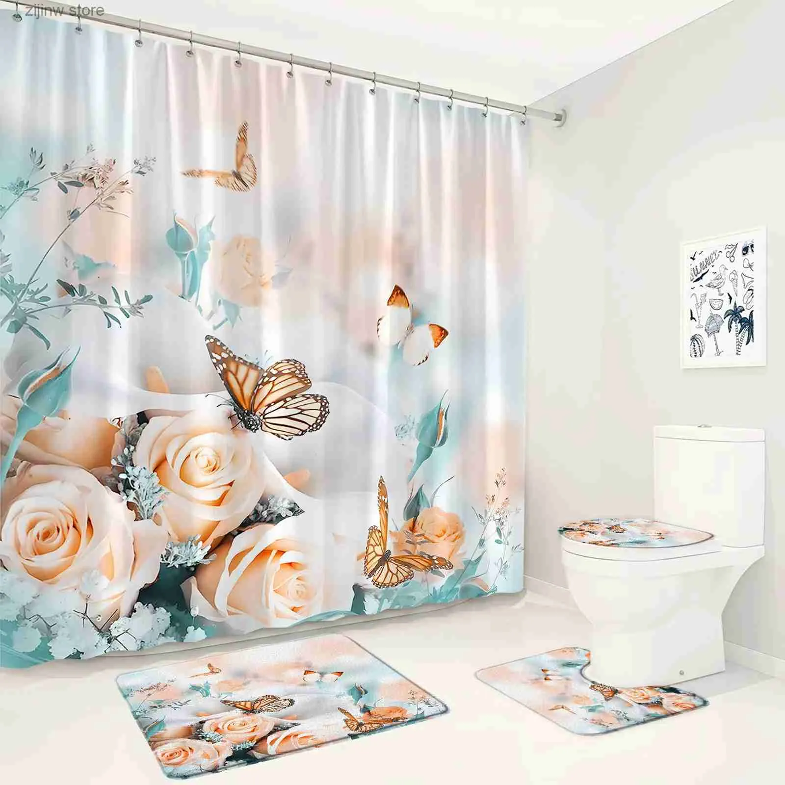 Tende da doccia Farfalla Rosa Tenda da doccia Set Rosa Fiore bianco Pianta Primavera Scenario rustico Arredamento bagno Tappeto antiscivolo Tappetini da bagno Coperchio WC Y240316