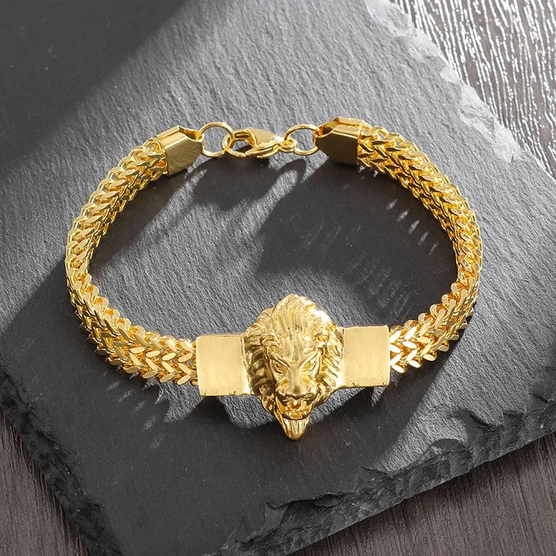 14K Gold Lion Head Bracelet for Men with Link Chain and Toggle