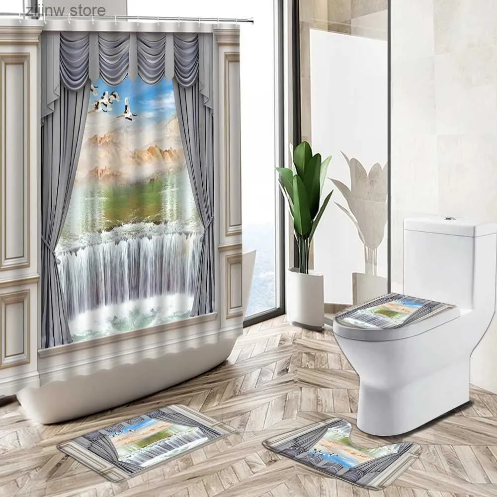Duschgardiner 3D -fönster landskap duschdraperi set skog vattenfall hav strand landskap badmatta toalett lock täcker badrum mattan y240316