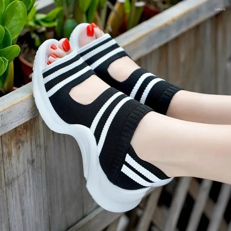 Casual Schoenen Vrouwen Elastische Breien Mesh Sandalen Zomer Vrouwelijke Wiggen Platform Peep Toe Strand Sport Sandalias Mujer