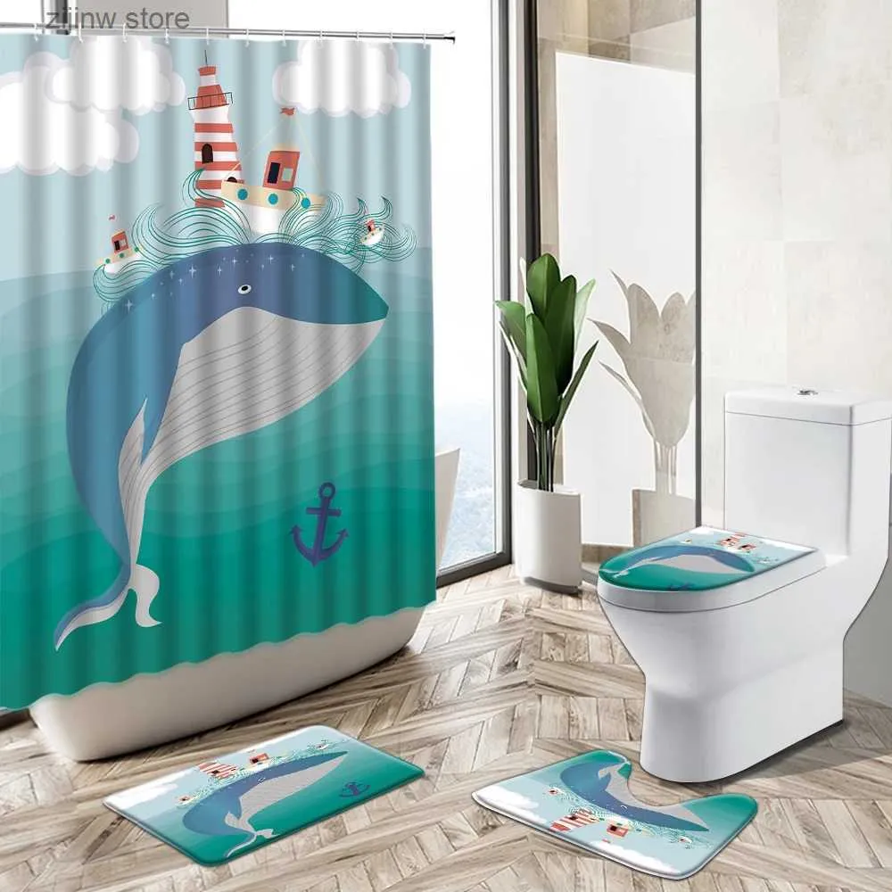 Duschgardiner tecknad rolig delfin duschgardin set marin djur ankare fyr heminredning badmatta toalett täcke flanell badrum mattan y240316