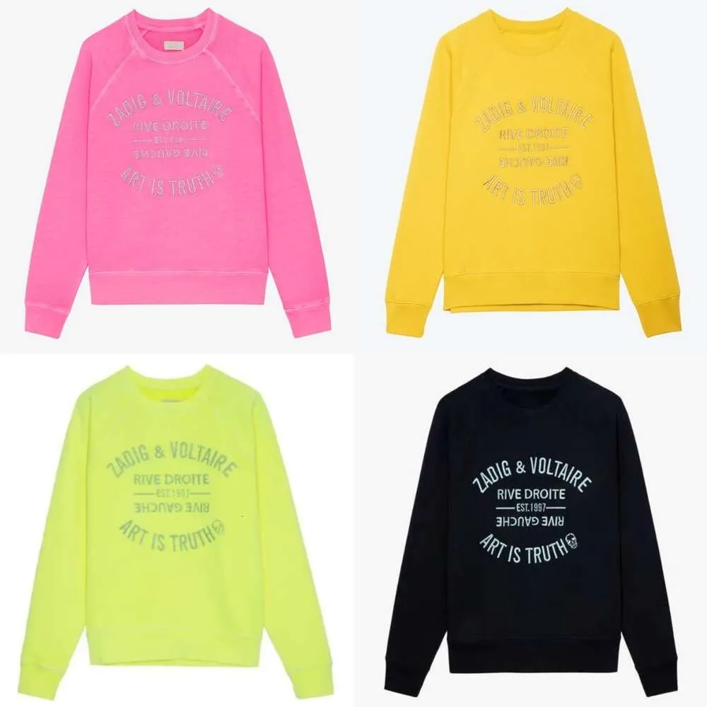 Ny produkt Zadig Voltaire 24SS Designer Cotton Sweatshirt Classic Hot Letter Print Fleece Women Casual mångsidig rund hals Löst tröja trendiga toppar ZV