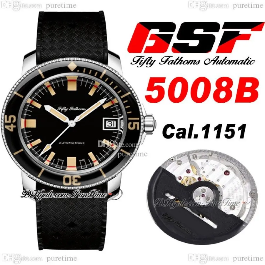 Fifty Fathoms Barakuda Re-Edición A1151 Reloj automático para hombre GSF 5008B-1130-B52A Esfera negra Correa de caucho Super Edición Puretime C3284U