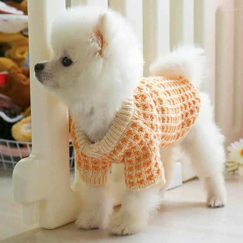 Dog Apparel Autumn Winter Warm Pet Soft Sweater For Small Cat Puppies Bichon Yorkie Comfortable High Neck Orange Plaid Knit