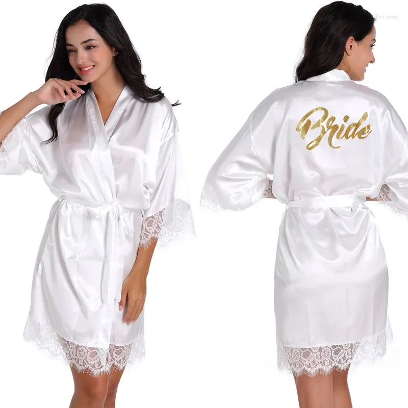 Women's Sleepwear Bronzing Letter Robe Bride Kimono Gown Lady Satin Homedress Sexy Lace Trim Loungewear Nightdress Casual Initiate Lingerie