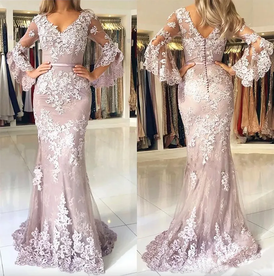 2024 Lavanda Sexy Cuello en V Sirena Vestidos de noche largos con mangas largas de poeta Tul Apliques de encaje 3D Tren de barrido Fiesta formal Vestidos de fiesta