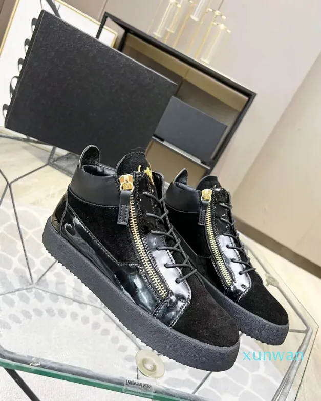 Designer de luxo alta superior kriss tênis sapatos homens zip fixação lados ouro-tom ferragem camurça couro formadores homem casual andando