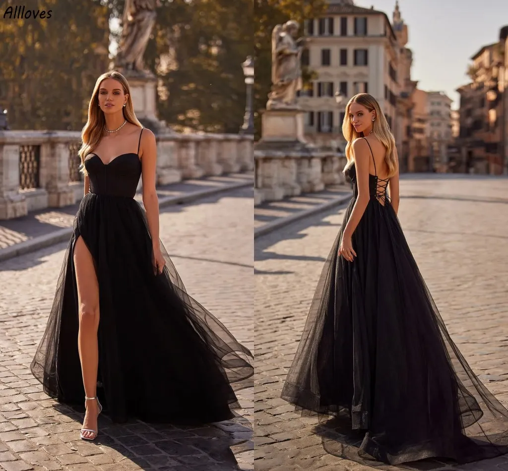Sexy Thigh Split Black Tulle Evening Dresses For Women Spaghett Straps A Line Formal Occasion Party Gowns Floor Length Second Reception Prom Dress Vestidos CL3392
