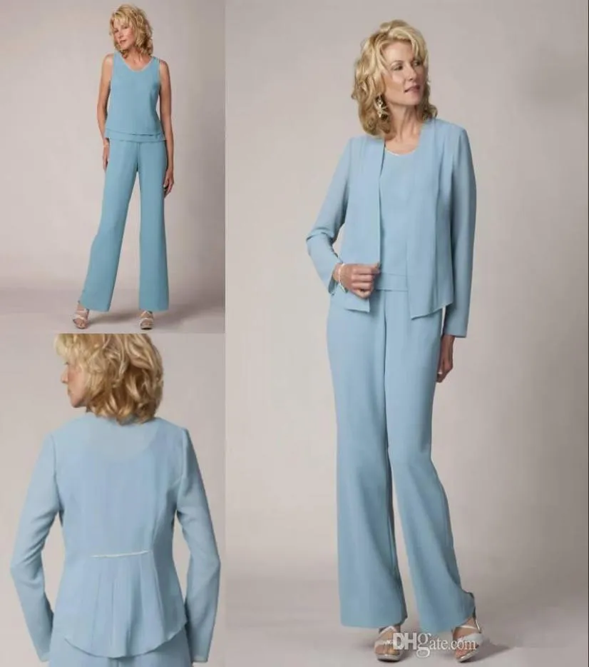 New Arrival Light Blue Mother Of the Bride Pant Suits 3 Piece Chiffon with Bead Wedding Guest Pant Suit Plus Size Evening Dresses4710076