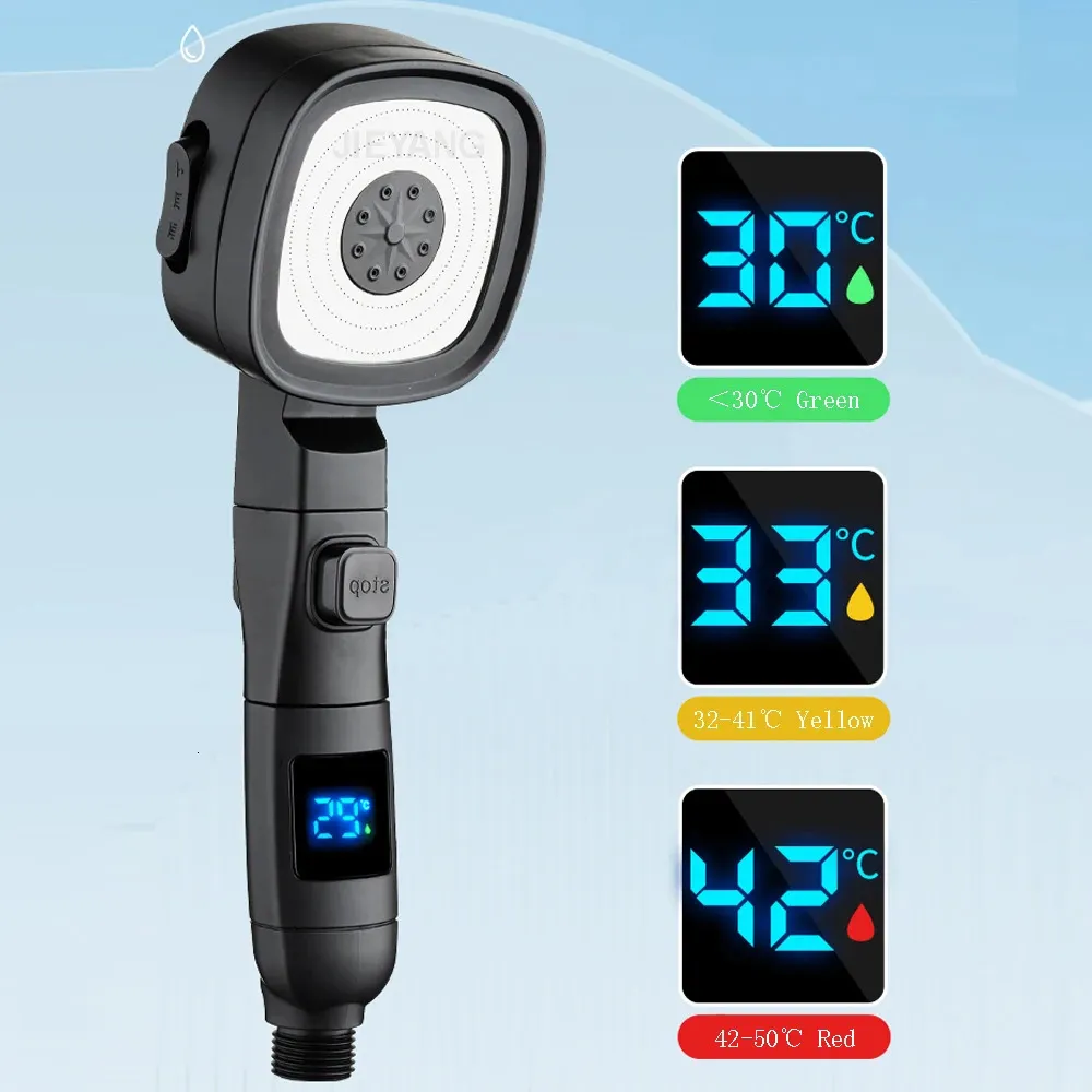 Digitale temperatuurdisplay LED-douchekop 3 snelheden Waterbesparende Onekey Stop Badkameraccessoires 240314