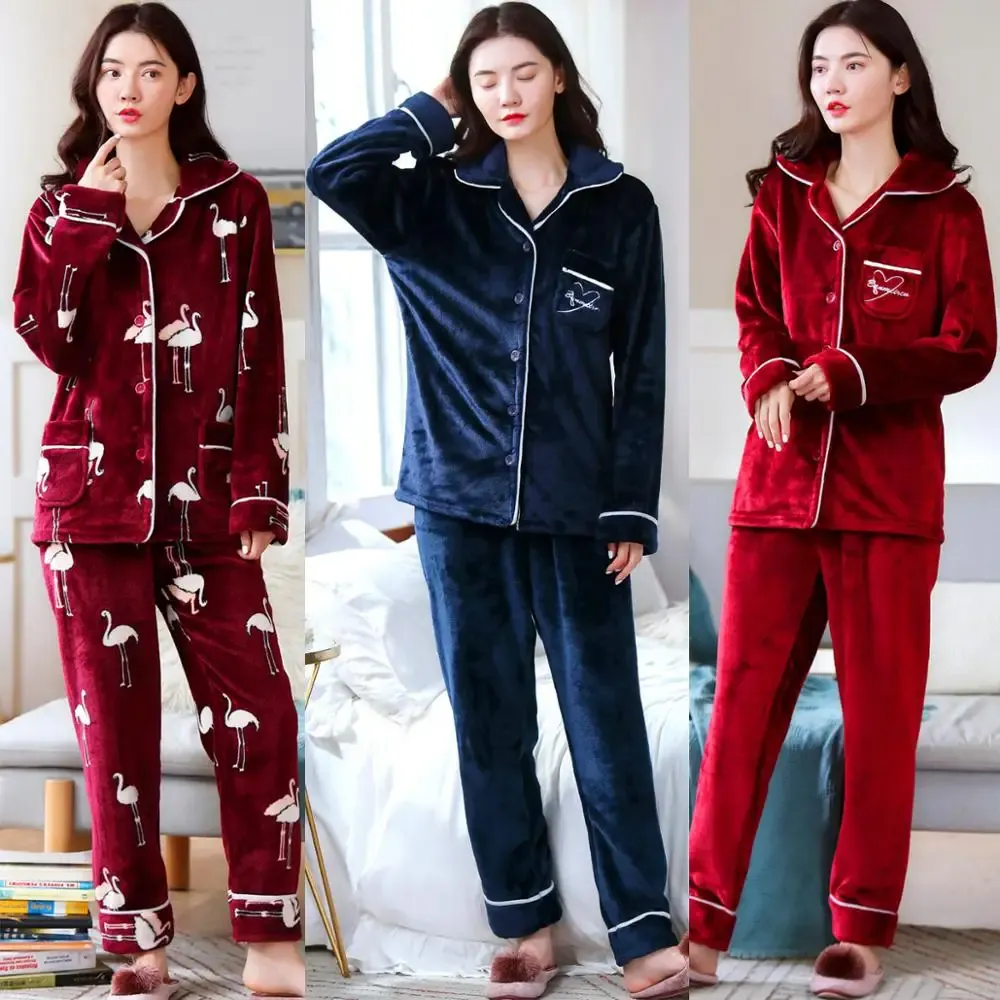 Nachtkleding 2 Stuks Winter Vrouwen Dikker Warme Zachte Pamas Vrouwelijke Flanel Pamas Set Mujer Lange Mouw Nachtkleding voor Meisjes Dames pyjama