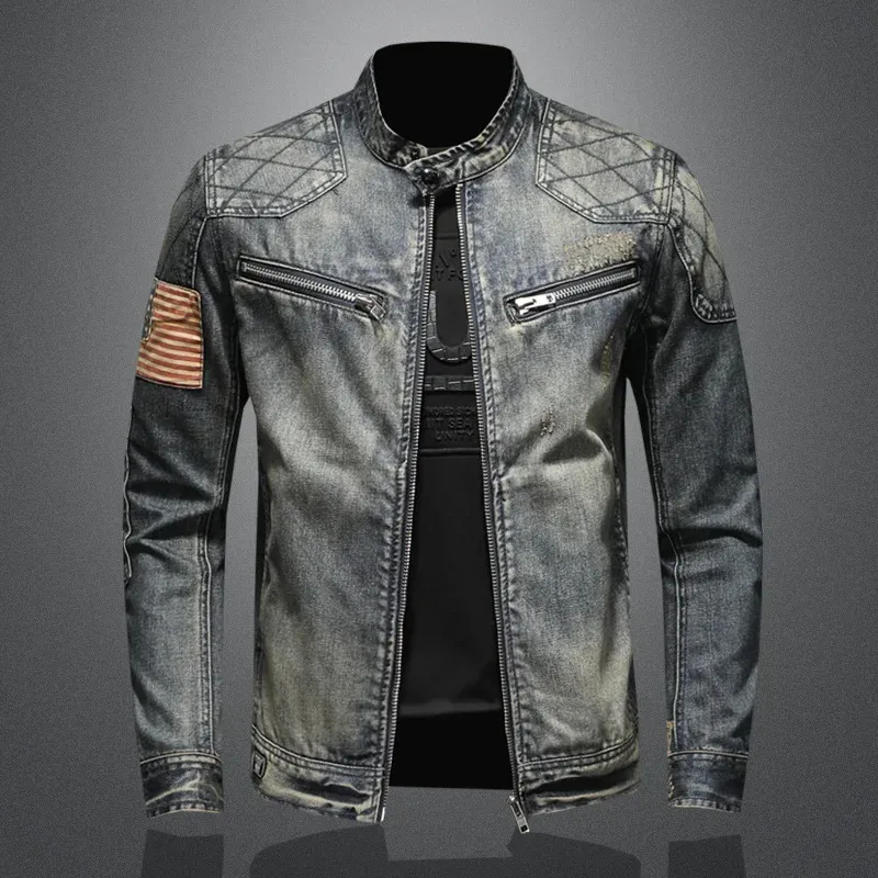 Vintage fashion all-match denim jacket trend handsome casual mens personality stand-up collar zipper denim top 240314