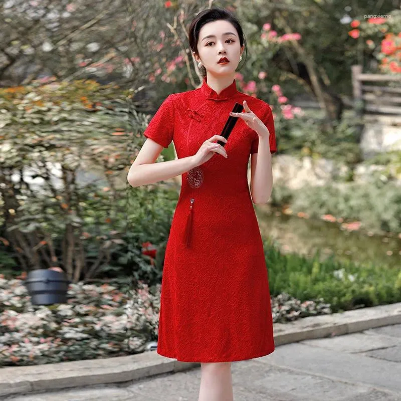 Этническая одежда, красное кружевное платье Cheongsam для девочек, весна 2024, укороченное повседневное модное модифицированное Qipao в китайском стиле