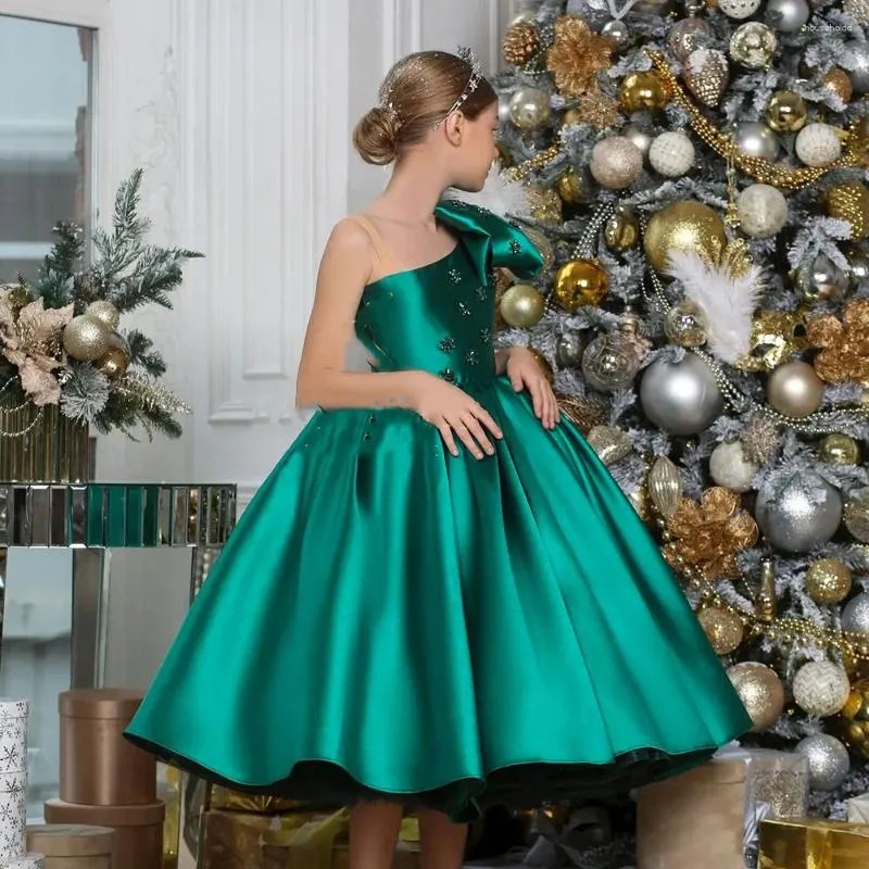 Girl Dresses Jill Wish Luxury Arab Green Dress Crystal One Shoulder Satin Dubai Kids Princess Birthday Wedding Party Ball Gown 2024 J368