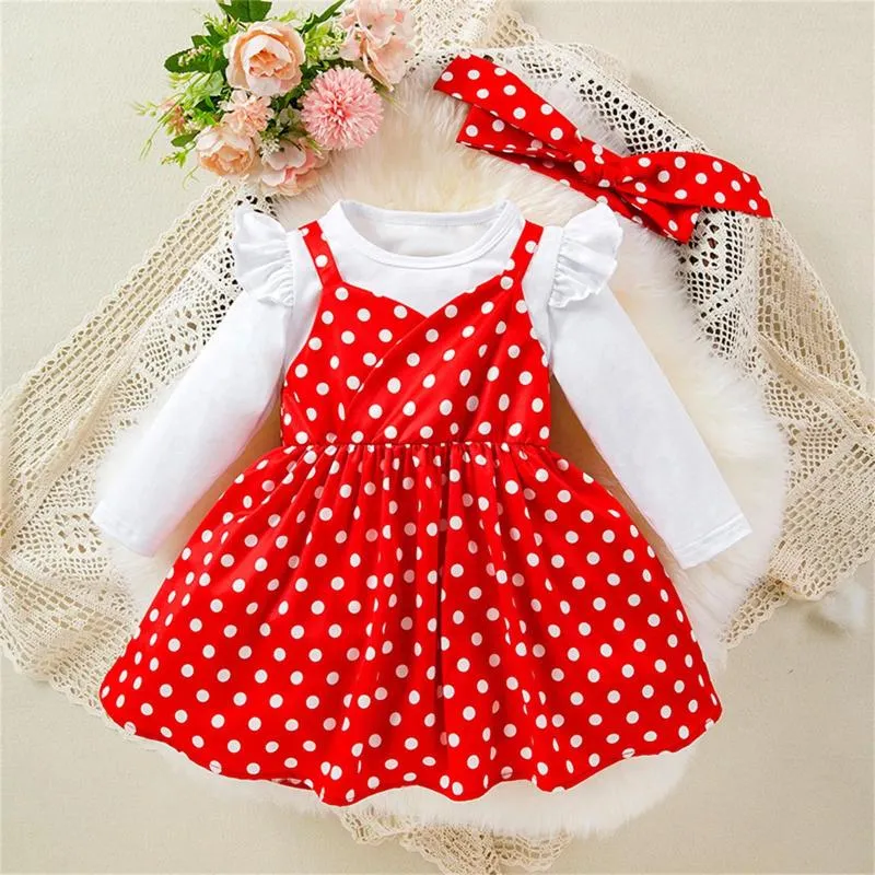 Kleidung Sets 3 stücke Baby Mädchen Kleidung Herbst Mode Weiß Langarm T-shirt Polka Dot Print Ärmellose Rüschen Kleid Stirnband set