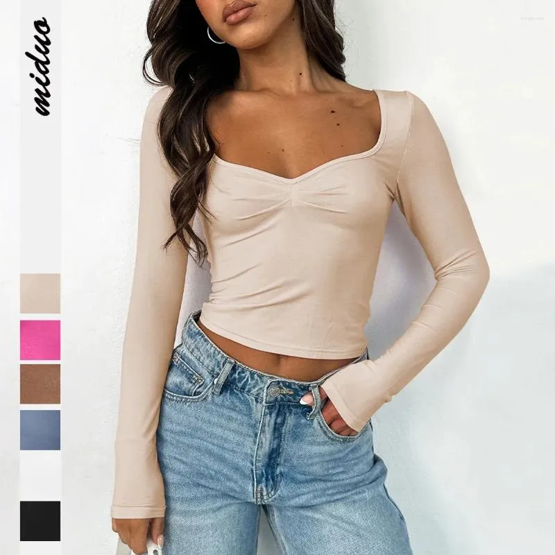 Camisetas para mujer Y2K Cuello cuadrado Camiseta de manga larga Mujeres Sexy Slim Fit Crop Top 2024 Primavera Otoño Mujer Ropa Moda Camiseta básica ajustada