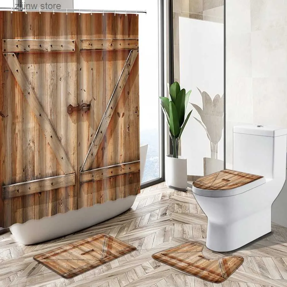 Zasłony prysznicowe Vintage Geometryczne stare drewniane drzwi łazienka Zestaw zasłony prysznicowej wiejski wiejski dom stodoły wystrój bez poślizgu dywan toaletowy