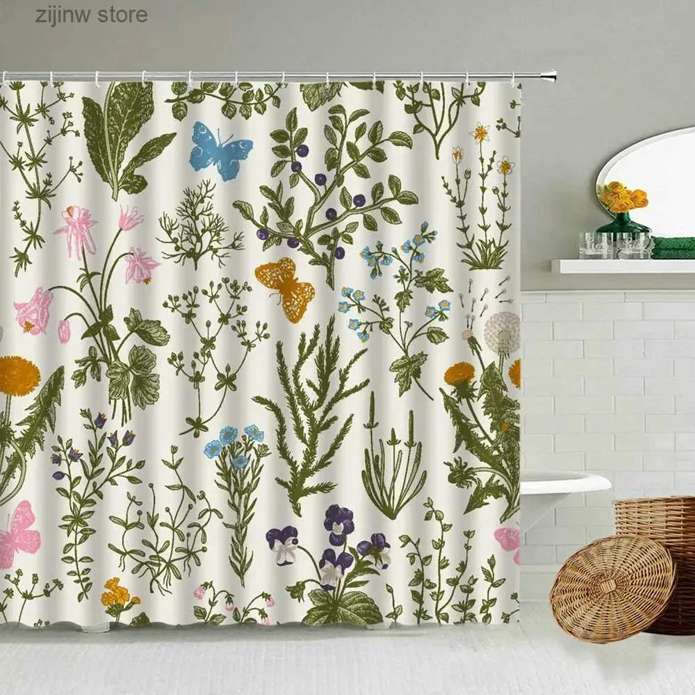 Cortinas de ducha Cortina de ducha floral Jardín Planta silvestre Hoja Flor Mariposa Retro Acuarela Arte Decoración de baño con gancho Pantalla impermeable Y240316