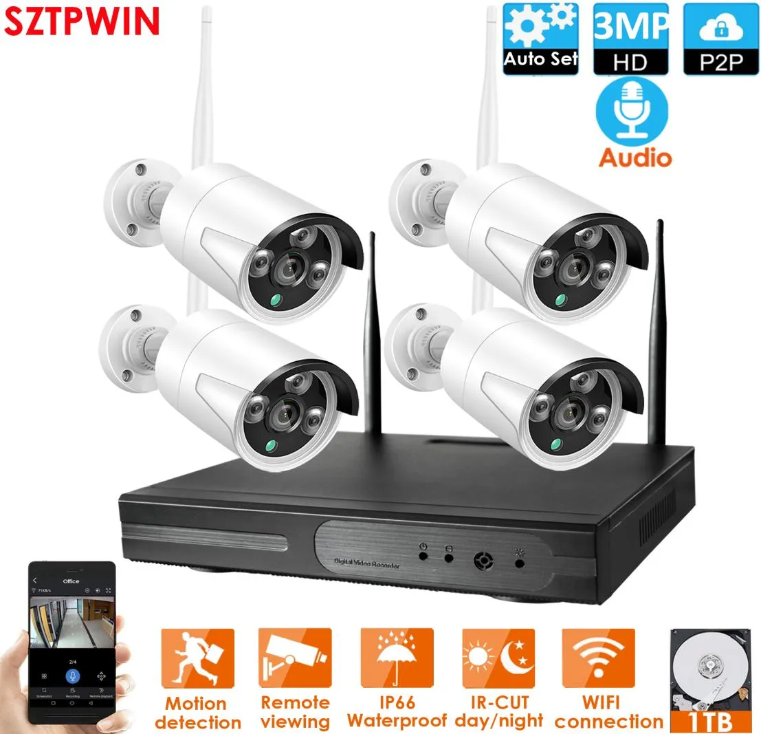 4ch 30mpaudio CCTV Sistemi Kablosuz 1080p NVR 4pcs 30mp IR Dış Mekan P2P WIFI IP CCTV Güvenlik Kamera Sistemi Gözetim Kiti Bustred7545721