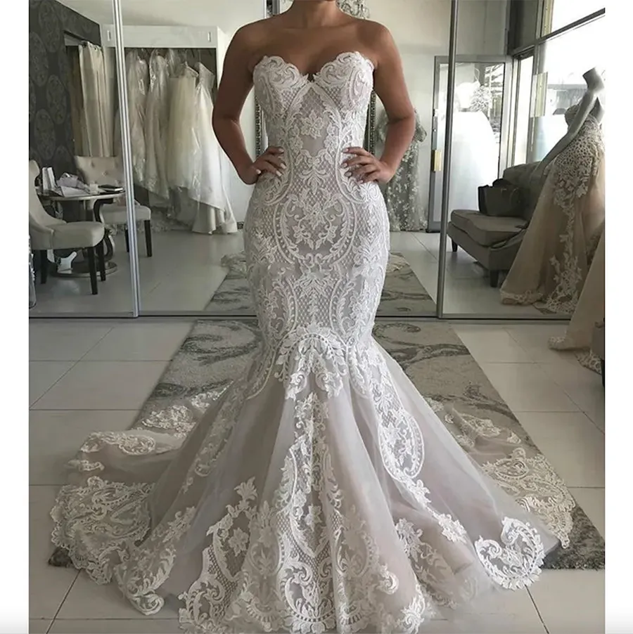 Voller Spitze Schatz Meerjungfrau 2024 Sexy Rückenless Hochzeitskleider Wunderschöne Knöpfe Rücken Braut Kleid Robe de Mariee