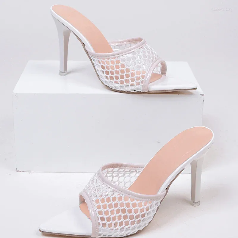 Slippers Sexy Pointed Toe Thin High Heels Pumps Green Mesh Summer Fashion Slip On Slides Women Mules Party Shoes Sandals