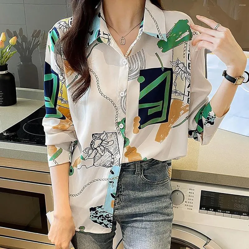 Womens Blouses Fashion Printed Designer Collared Shirt 2024 Autumn Versatile Chiffon Long Sleeve Women Office Ladies Tops Tunics