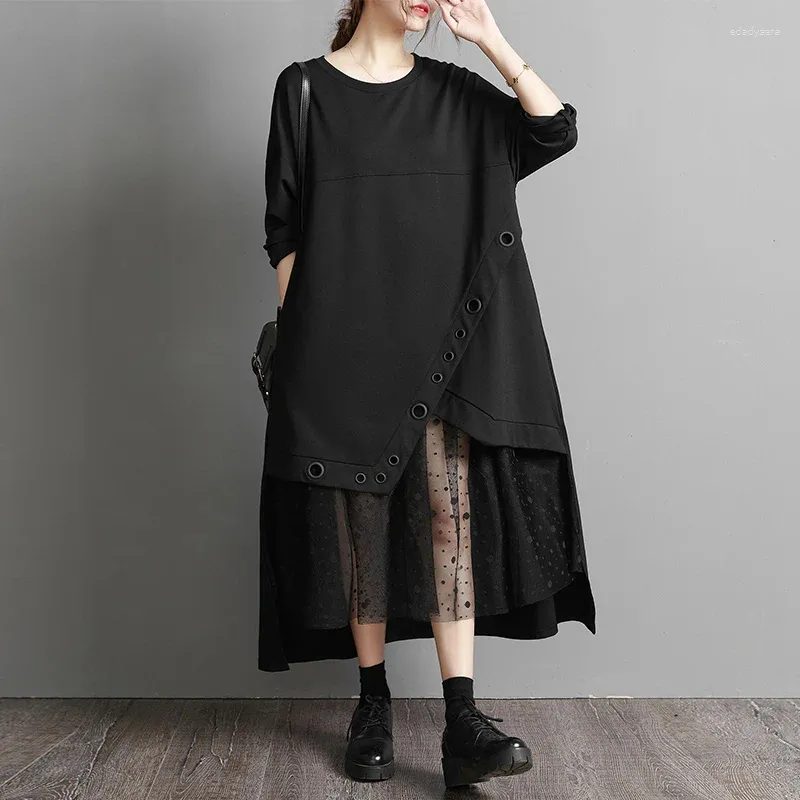 Casual klänningar japanska yamamoto mörk svart stil lapptäcke mesh oregelbunden chic vintage höst klänning street mode kvinnor vår