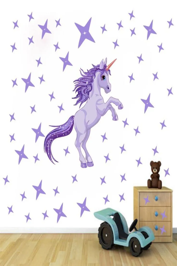 Autocollant Mural violet pour filles, autocollant artistique personnalisé licorne pour chambre de princesse, autocollant Mural pour chambre à coucher, pépinière, étoiles, animaux, Mural2021954