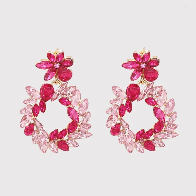 Orecchini pendenti Goccia di fiori di cristallo rosa fucsia per donna Gioielli di moda coreani Accessori di eleganza da sposa