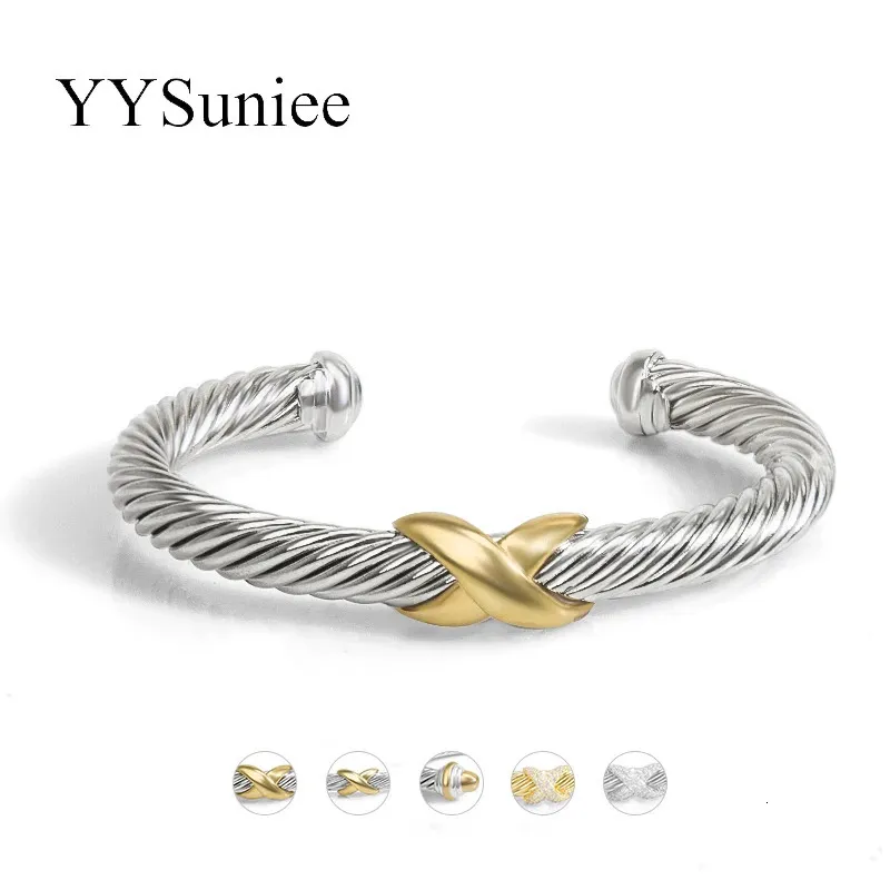 YYSuniee 18K Gold-plated Jewelry Designer Twisted Cable Wire Cuff Bangles for Women Luxury Brand Bracelet Christmas Gift 240312