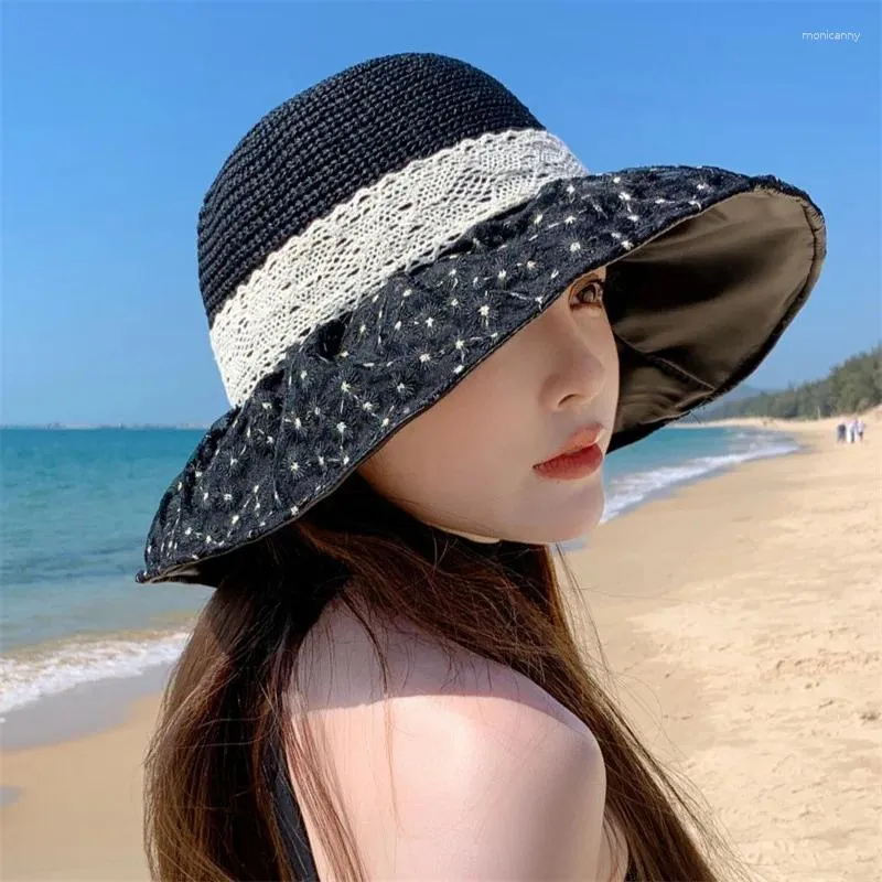 Wide Brim Hats Ladies' Spring Lace Fisherman Hat Small Face Effect Breathable Sunscreen Uv Protective Detachable Foldable Outdoor Large