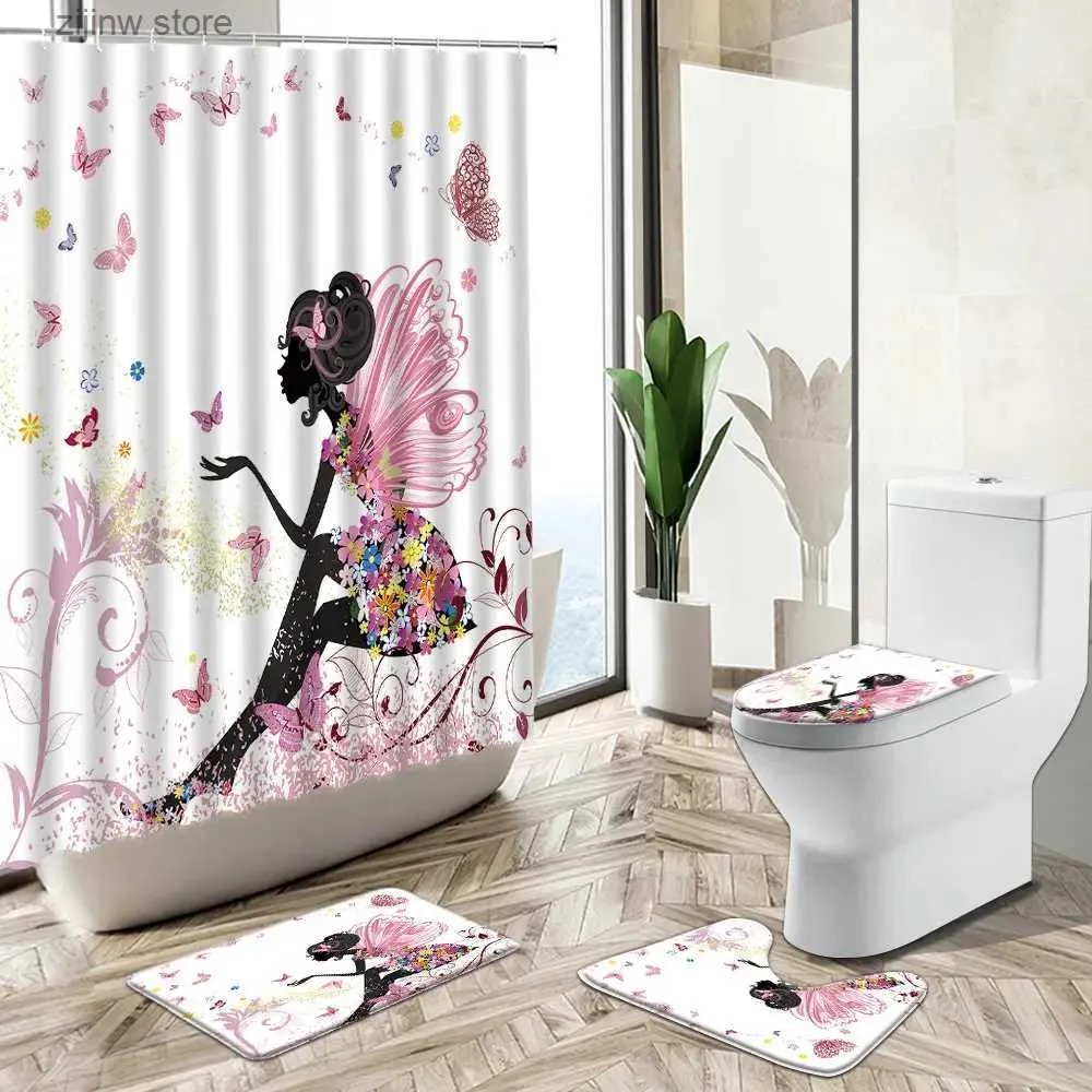 Tende da doccia Farfalla Ragazza di fiori Tenda da doccia Donna Angelo Arte astratta Decorazioni per la casa Tappetino da bagno Coperchio del WC Flanella Tappeto da bagno Set Y240316