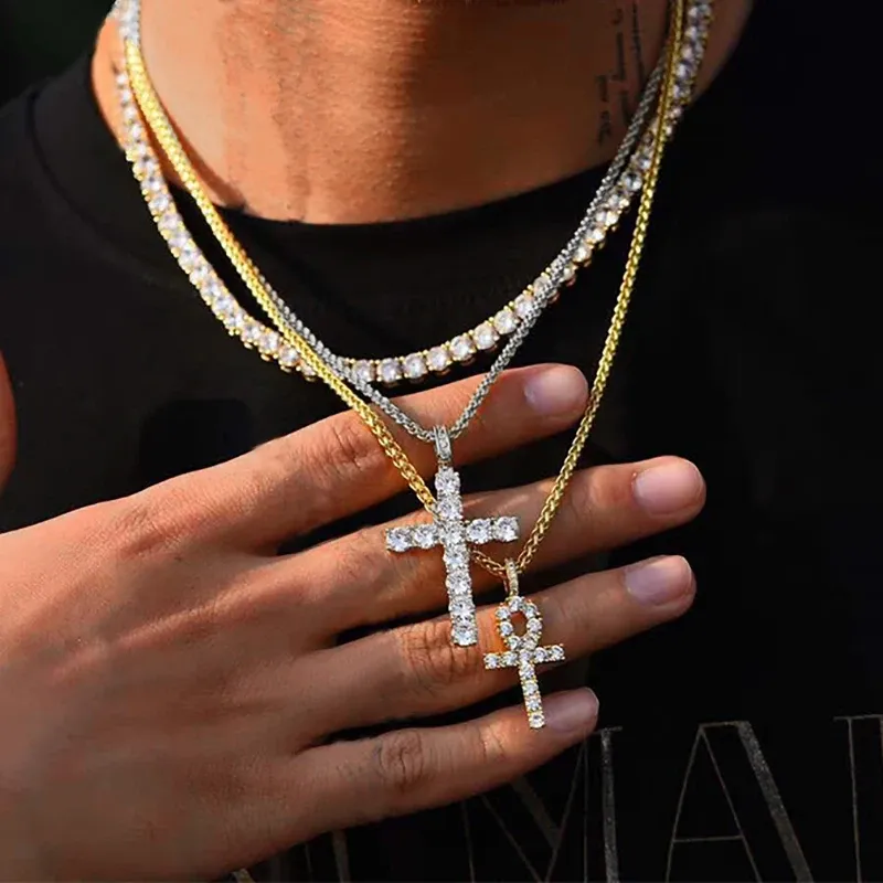 Hiphop Kreuz Anhänger Halskette Für Frauen Schmuck Weibliche Aussage Männer Iced Out Kette 14 k Gelb Gold Homme Schmuck