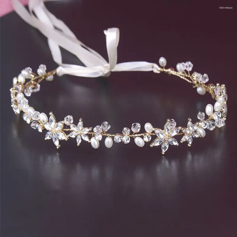 헤어 클립 파티 Shinny Headwear Crown Flower Headband Ornaments Headress with Ribbon Crystal Pearl Bride Hairband 헤드 피스