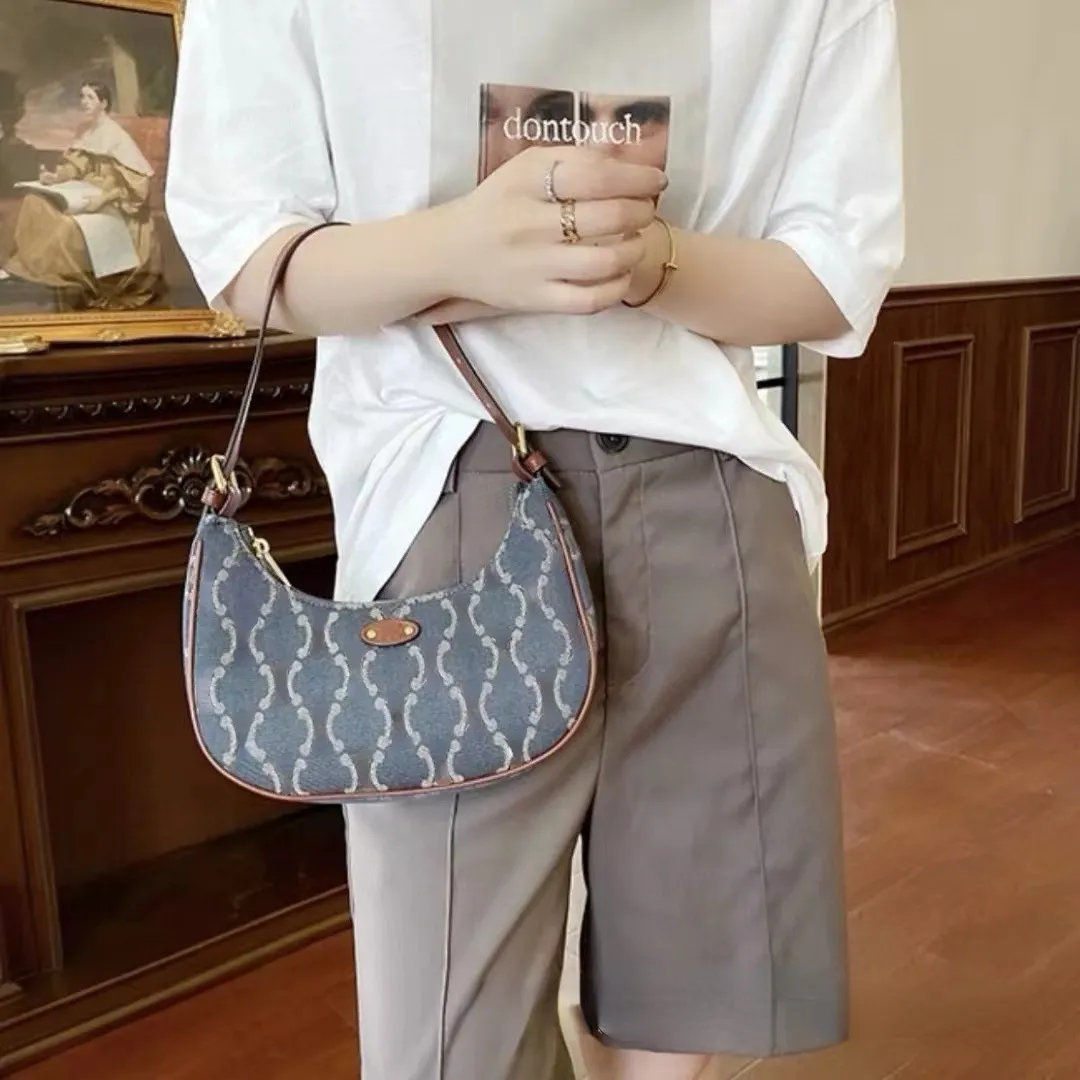 Women Designer Bags Vintage Old Flower Denim Half Moon Bag Tote Underarm Crescent Bag Stylish Mobile Phone Bag