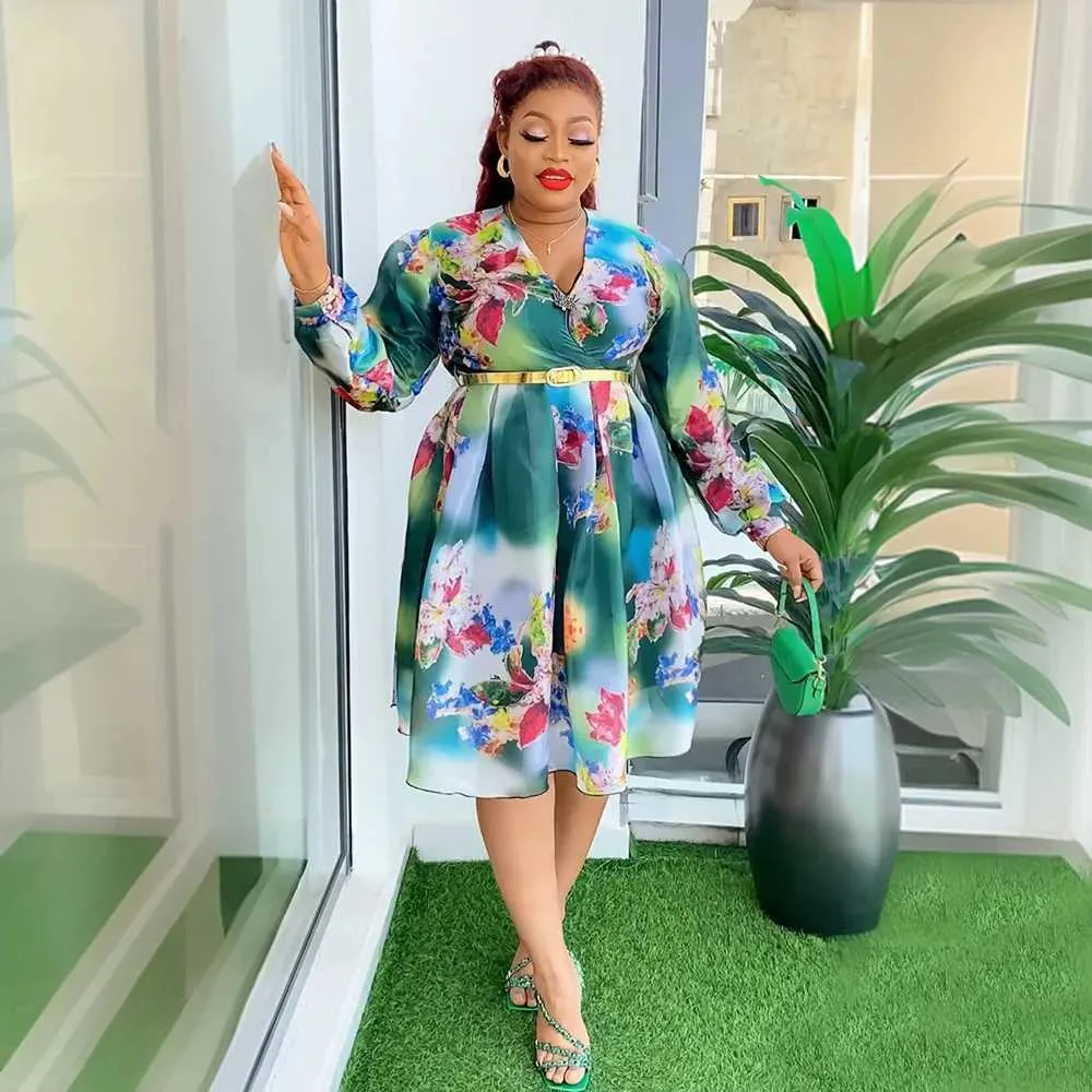 Basic Casual Dresses New Plus Size African Dresses for Women New Arrival Summer Long Sle V-neck Printed Dress with Belt Africa Women Clothes 2024C24315