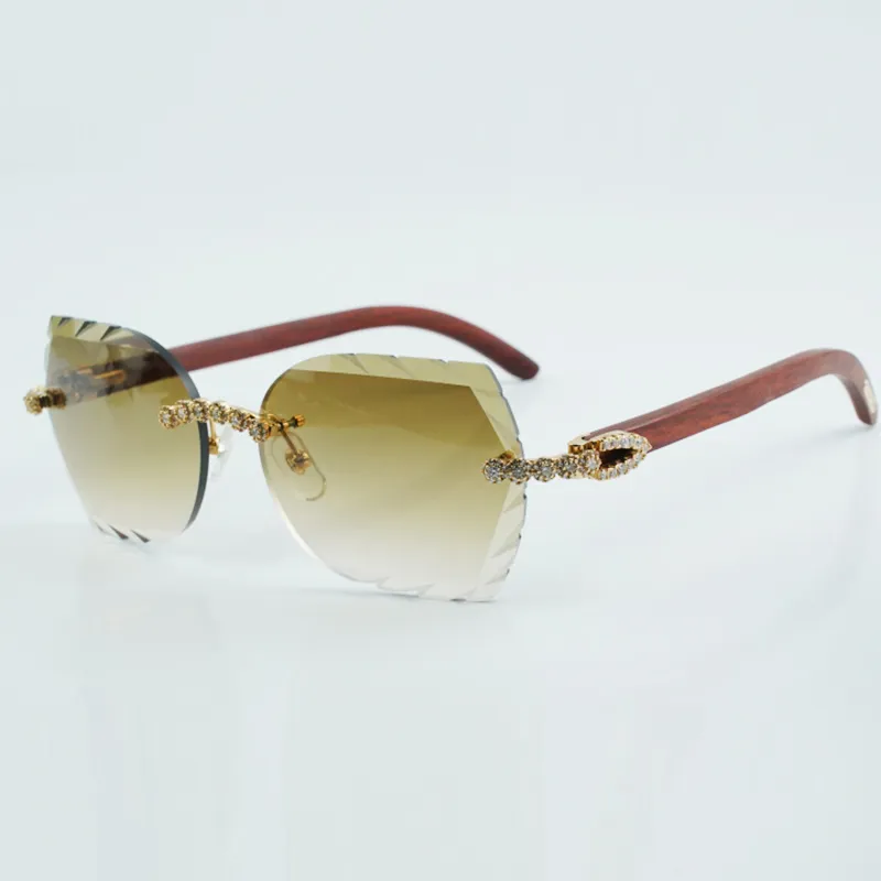 Модные классические солнцезащитные очки с ограненными линзами и бриллиантами 8300817 с дужкой из натурального дерева, размер 18–135 мм